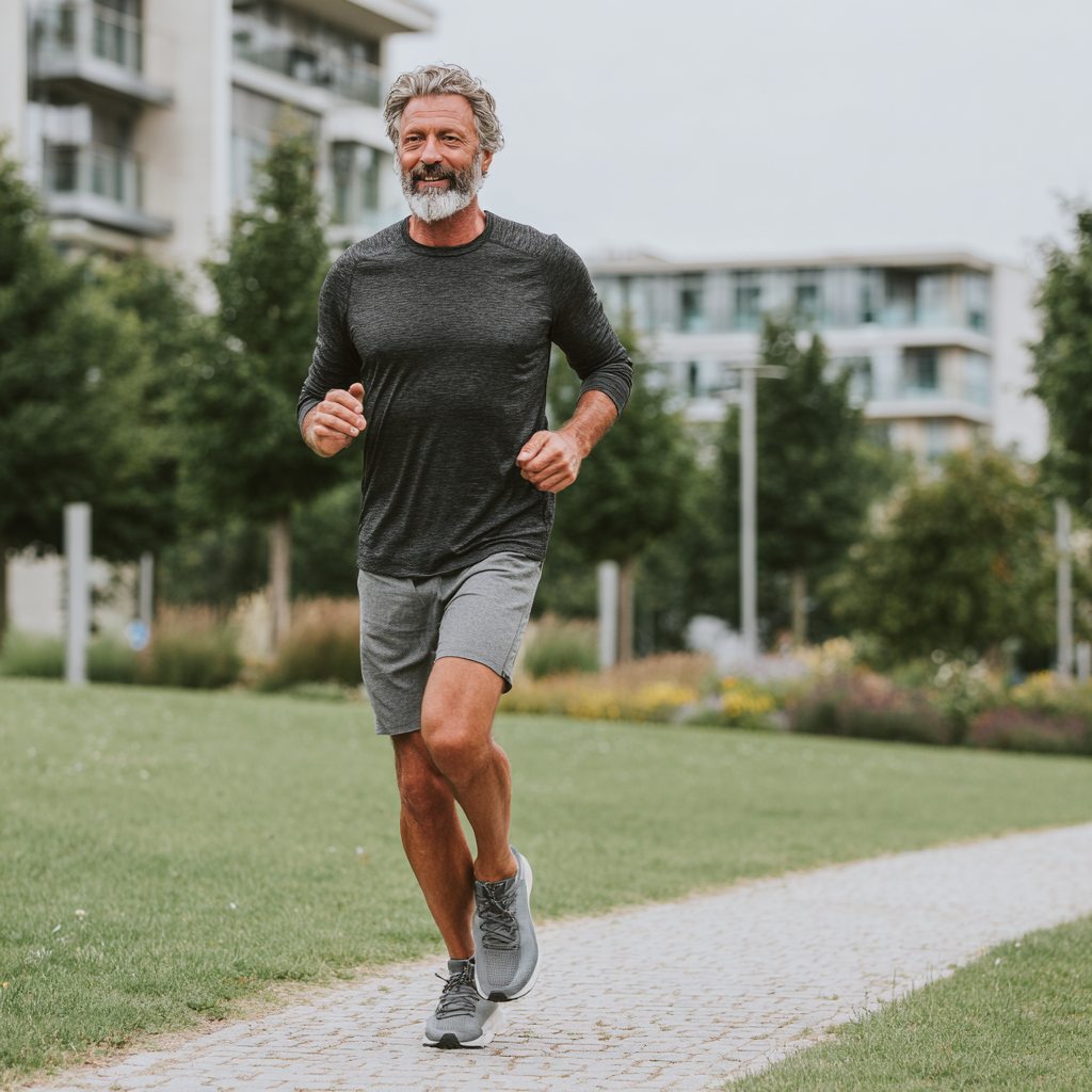 Bărbat de 58 ani activ și în formă, în timp ce face jogging în parc, demonstrând energia și vitalitatea obținute prin planul nutrițional personalizat brontulex