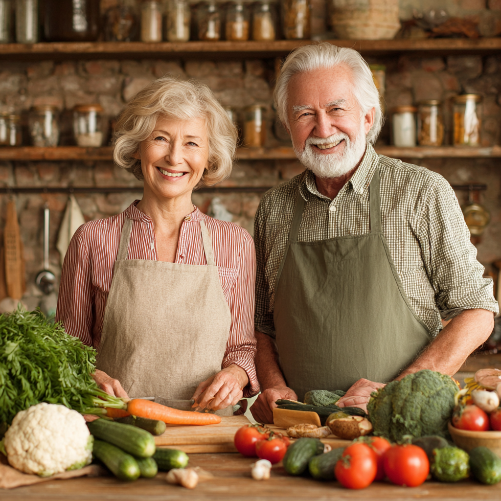 Cuplu de 60 și 52 de ani gătind împreună o masă sănătoasă în bucătărie, urmând rețetele personalizate de la brontulex, amândoi arătând fericiți și sănătoși
