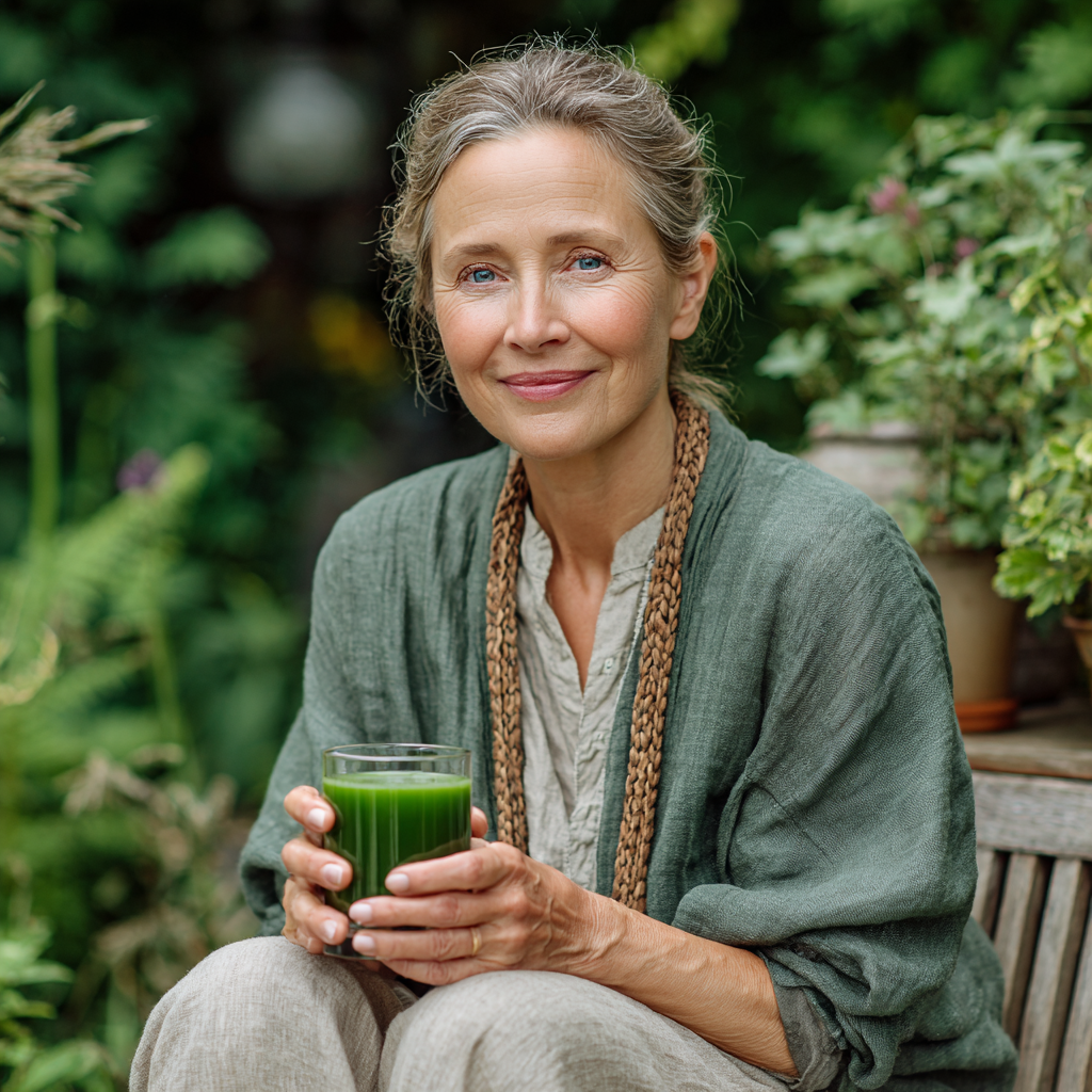 Femeie de 56 ani relaxată și mulțumită, ținând în mână un smoothie verde sănătos, stând în grădina sa, reprezentând stilul de viață echilibrat promovat de brontulex