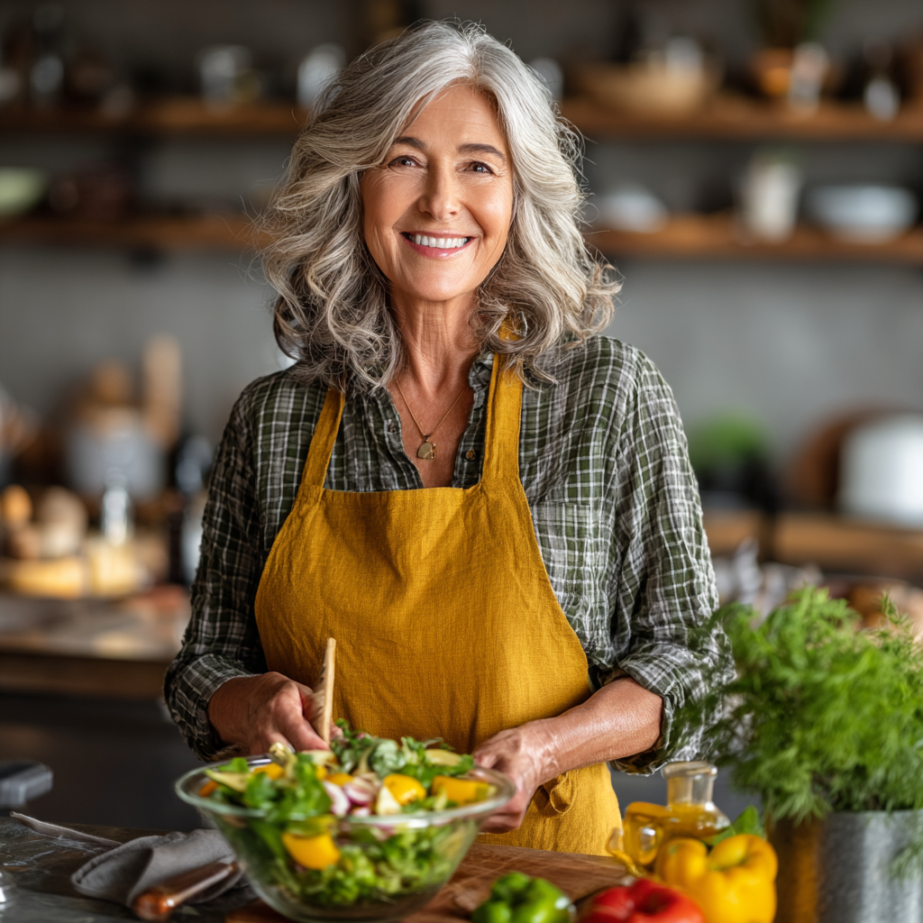 Femeie de 55 ani zâmbitoare care pregătește o salată colorată în bucătăria ei modernă, arătând satisfacție și energie după adoptarea planului nutrițional brontulex